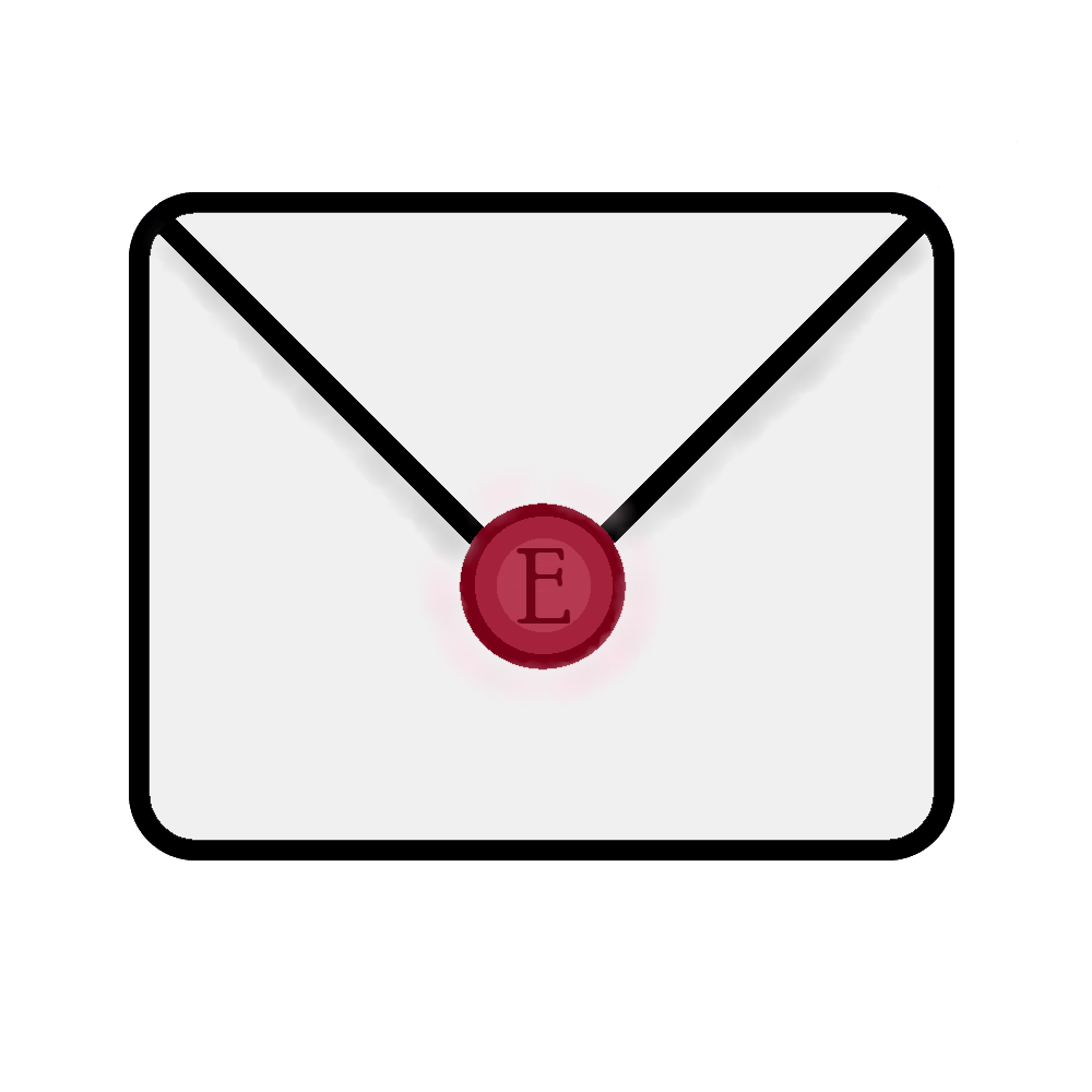 An envelope with a red seal, bearing the letter E.